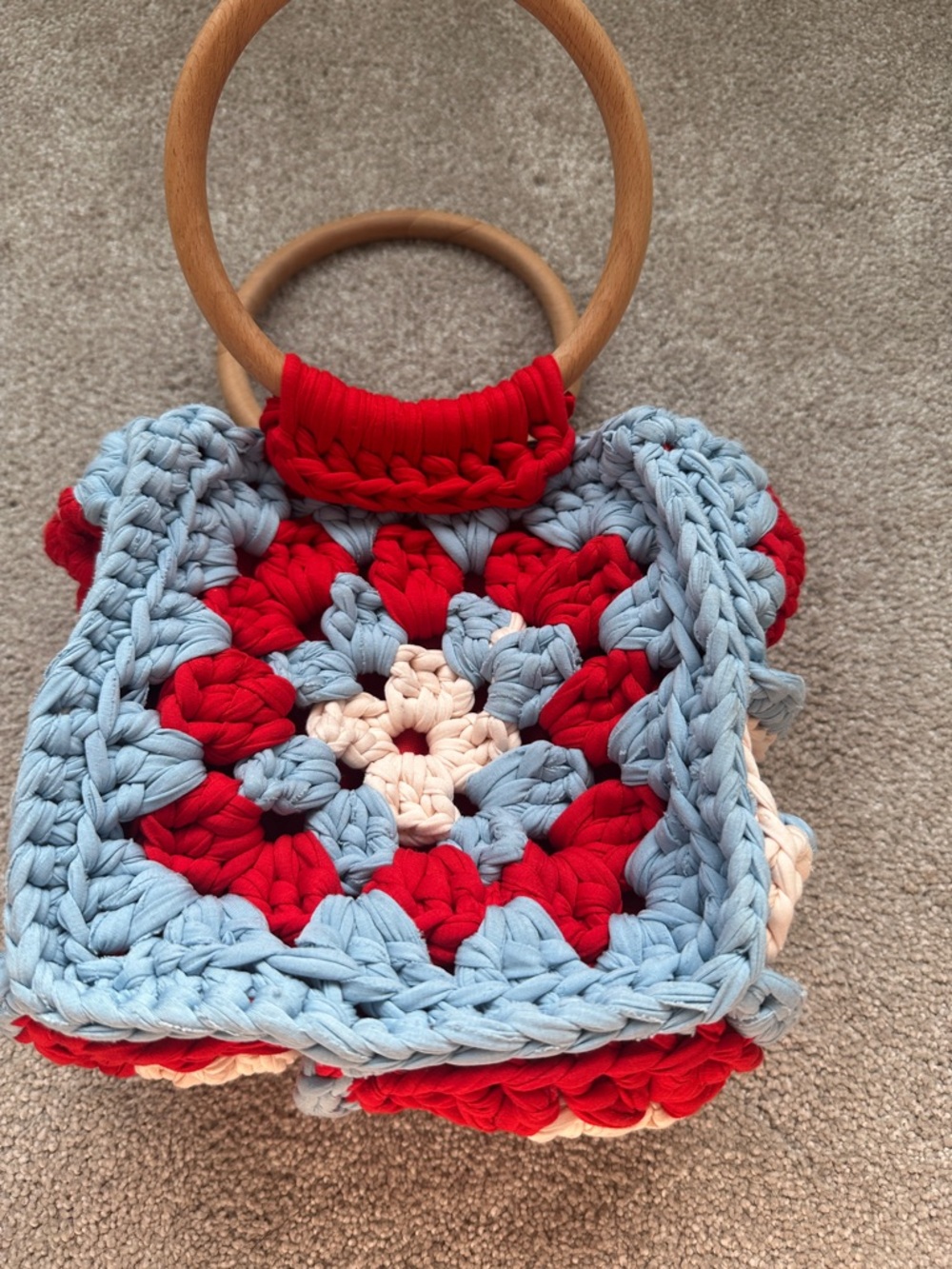 Handmade Crochet Mini Tote Bag with Wooden Handles - Red, Light Blue, Cream